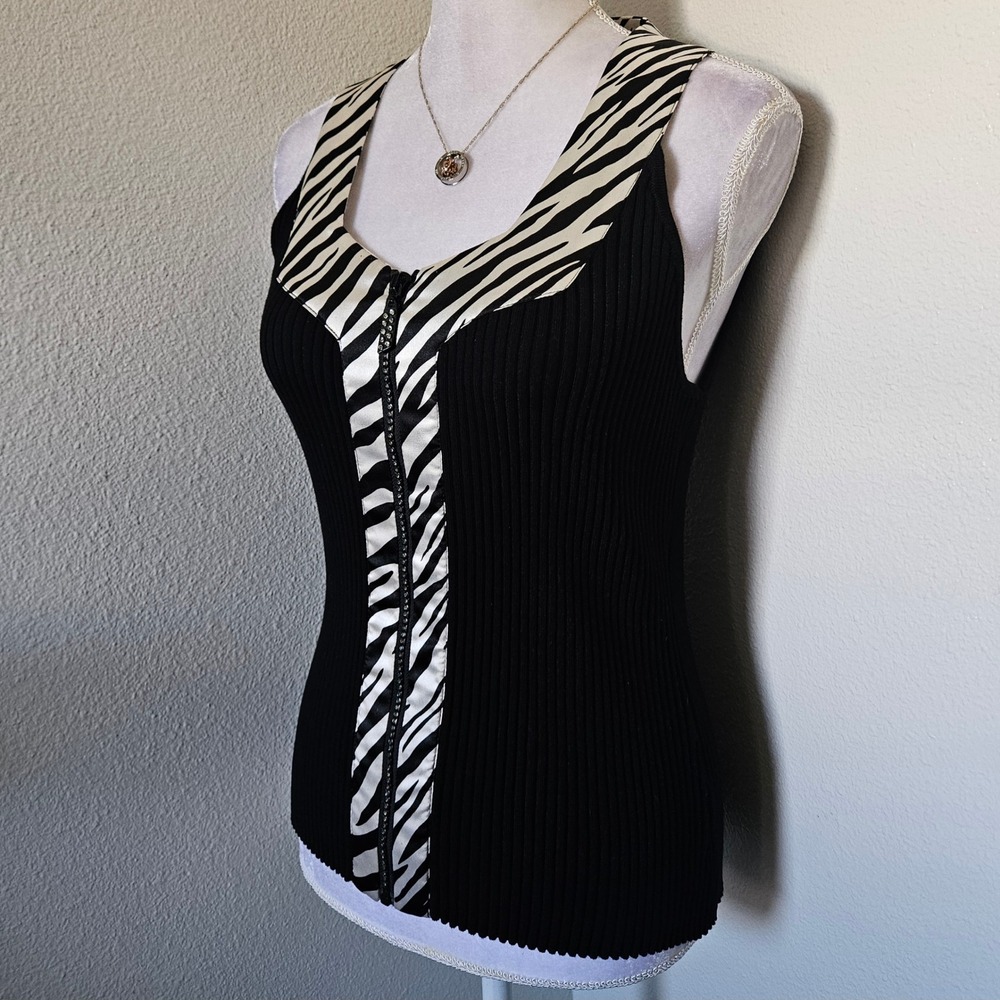 Belldini Black Ribbed Knit Zebra Print Zip Front Tank Top